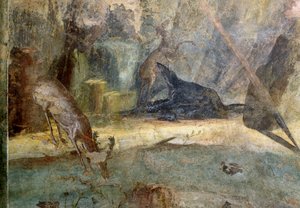 Rådjur attackerade av hund, detalj från Actaeon slukade av hans hundar, fresk från House of Menander, Pompeji (UNESCOs världsarvslista av Roman Roman