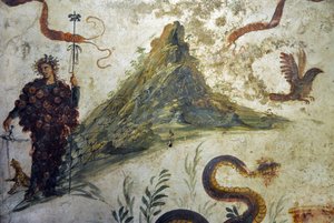 Dionysos vetu av druvklasar som står framför berget Vesuve - Fresk från Pompei, casa diel centenario (centenario house) - Neapel, Arkeologiska museet av Roman Roman