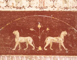 Freskdekoration från Hall of Tablino, House of Marcus Lucretius Fronto, Pompeji, Kampanien, romersk civilisation av Roman Roman