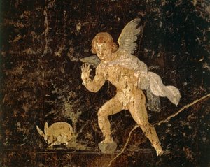 Fresk föreställande Amor som jagar en hare från Pompeji, Neapelprovinsen, Italien, romersk civilisation av Roman Roman