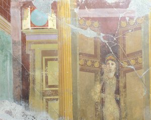Fresk som föreställer faux arkitektonisk dekoration och figur av kvinna, från House of Fabius Rufus, Pompeji, Kampanien, romersk civilisation av Roman Roman