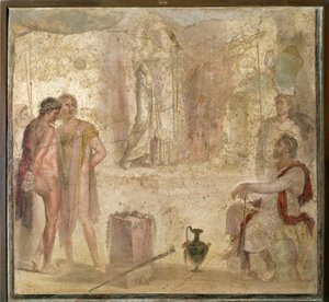 Italien, Campania, Pompei, House of Golden Cupids, Orestes och Pylades before Iphigenia, fresk av Roman Roman