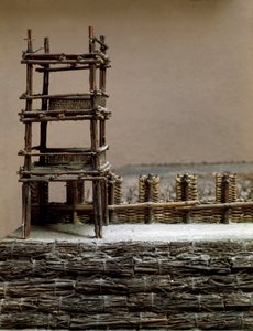 Modell som återger belägringen och slaget vid Alesia i september 52 f.Kr. av Jules Cesar som såg Vercingetorix nederlag. Detalj som representerar försvarssystemet byggt av Cesar. Rom, Museo della Civilta Romana av Roman Roman