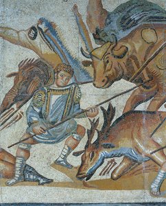 Mosaik som visar en scen av en vilddjursjakt, detalj av en gladiator som dödar ett djur av Roman Roman