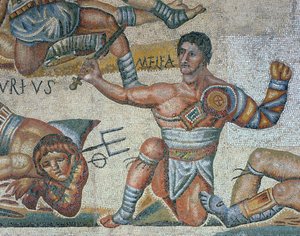 Mosaik som visar en scen med kämpande gladiatorer, detalj av en triumferande gladiator av Roman Roman