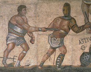Mosaik med en scen av kämpande gladiatorer, detalj av en gladiator klädd i rustningar av Roman Roman