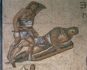 Mosaik med en scen av kämpande gladiatorer, detalj av en gladiator klädd i rustningar av Roman Roman
