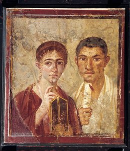 Porträtt av bagaren Terentius Neo och hans fru i högtidskläder från Italien, Kampanien, Pompeji, 55-79 e.Kr., målning på gips