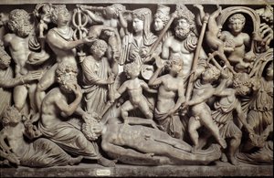 Prometeo skapade uomo: Promethee skapade den första människan. Sarkofag med representation av myten om Promethee. Med karaktärerna från den grekiska och romerska mytologin: Promethee, Psyche, little loves, Hermes, psychopomp gud, Parques (Skåp), Poseidon, av Roman Roman