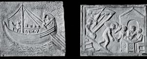 Relief som visar ett handelsfartyg (Museo Nazionale, Rom) och relief som visar lossningen av ett fartyg (Museo Torlonia, Rom) 3:e eller 4:e århundradet (sten) (s/v foto) av Roman Roman
