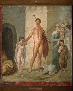 Representation av Thesee, hjältarna i den grekiska mytologin, som befriar de sju unga männen från labyrinten efter minotaurens triumf. Fresk från Villa de Gavius Rufus i Pompei. Dämpa. 88x97 cm Neapels arkeologiska museum - romersk konst: representation o av Roman Roman
