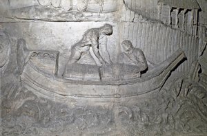 Romersk konst: "" båt lastar proviant på Donau under första kriget i Dacia"" Form från 1862 som reproducerar basrelieferna av kolonnen av Trajanus (kolonn Trajanus) (Colonna Traiana) i Rom byggd under kejsar Trajanus regeringstid ( 53-117). Trajane co av Roman Roman
