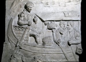 Romersk konst: "" Romerska soldater på ett skepp under det första kriget i Dacia"" Form från 1862 som återger basrelieferna av kolonnen Trajanus (kolonn Trajanus) (Colonna Traiana) i Rom byggd under kejsar Trajanus regeringstid (53) -117). Trajane-kolumnen av Roman Roman