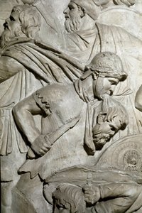 Romersk konst: "" romersk krigare som håller huvudet på en fiende krigare mellan sina tänder"" Form från 1862 som återger basrelieferna av kolonnen av Trajanus (kolonn Trajanus) (Colonna Traiana) i Rom byggd under kejsar Trajanus regeringstid ( 53-117). Tr av Roman Roman