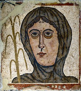 Romersk konst: allegori om vintern som en kvinna som bär slöja. Mosaik från 400-talet. Från Quintana del Marco (Leon) Spanien Madrid, Arkeologiska museet av Roman Roman