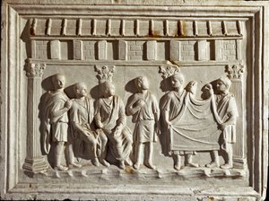 Romersk konst: lågreliefform som representerar ett tyg och gobelänger. Från ett original från 200-talet e.Kr. Rom Museo della Civilta Romana av Roman Roman