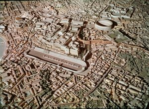 Romersk konst: modell som visar staden Rom under antiken. I centrum reserverar Circus Maximus eller Grand Circus för tankrace. Rom, Museo della Civilta romana - romersk konst. Circus Maximus och etruskiska murar. Detalj från rekonstruktionsmodellen