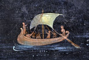 Romersk konst: flodscen - båt och sjömän på en flod (flod) - fragment av en fresk från Pompei bevarad på det arkeologiska museet i Neapel, Italien - Museo Archeologico Nazionale, Napoli, Italien - Foto Patrice Cartier - av Roman Roman