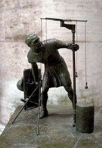 Romersk konst: "" gromatikern"" En lantmätare (agrimeners) mäter landet med hjälp av en groma (gruma). Bronsskulptur. Rom, museum för romersk civilisation av Roman Roman