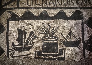 Romersk handelsmarin och fyr, antika Ostia (Ostia), Piazza delle Corporazioni. av Roman Roman