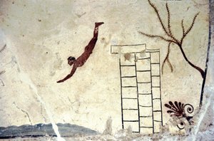 Romersk väggmålning av graven som kallas dykaren (tuffatore). av Roman Roman