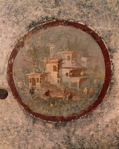Rund med hus och byggnader, detalj av fresk från House of Centenary, Pompeji, Kampanien, romersk civilisation av Roman Roman