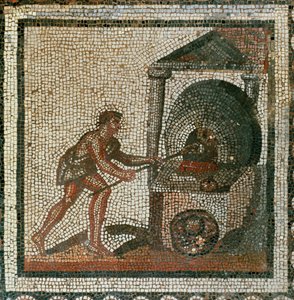 Skjuter in bröd i ugnen (mosaik) av Roman Roman