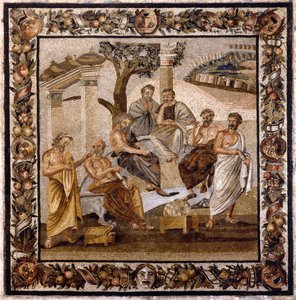 Platons akademi: filosofen som sitter i centrum undervisar en grupp lärjungar från Atens akademi (grundad av honom själv 378 f.Kr.) - Mosaik hittad på Boscotrecase, nu utställd på Nationalmuseet, Neapel