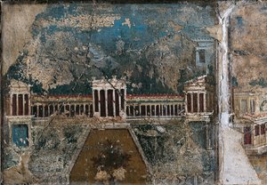 Fresk i tredje stil som visar arkitektoniskt landskap, detalj av byggnaden kantad av pelarförsedd veranda, från Pompei av Roman Roman