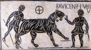 Tigertämjare i Colosseums väggar - romersk mosaik av Roman Roman