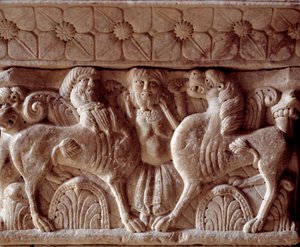 En kentaur och ett lejon, huggen huvudstad i tribunen av Priory av Romanesque
