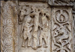Adam och Eva. Detalj av basilikanens fasad, tidigt 1100-tal (relief) av Romanesque