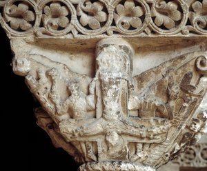 Kapital som representerar Peter på hans kors (skulptur av Romanesque