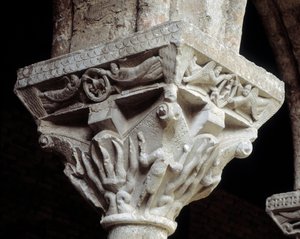 Kapital som representerar de tre judarna i den brinnande ugnen (skulptur av Romanesque