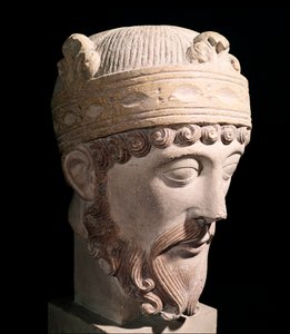 Porträtt av den karolingiske kungen av West Francia Lothair (stenskulptur av Romanesque