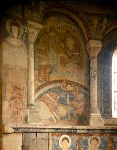 Romansk konst: Målning föreställande Saint Laurents martyr (1103-1130). Fresk. Chapel of the Chateau des Moines, Berze la Ville (Berze-la-Ville i Saone och Loire, Bourgogne), Frankrike. av Romanesque