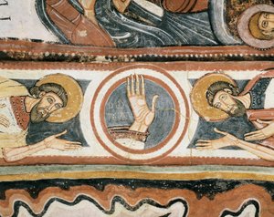 Romansk konst: "" Guds högra hand och patriarkerna Elia och Henoch (eller Enok). Detalj. Fresk av Leons skola (Spanien). 1132. Sanctuary of the Virgin of the Virgin del Camin av Romanesque