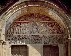 Romansk konst: Tympan skulpterad representerande den sista domen, till höger om Kristusparadiset, till vänster, helvetets kaos. Skulptur (1130-1140) av Abbey Church of Sainte Foy (Sainte-Foy) i Conques (Aveyron), Frankrike.