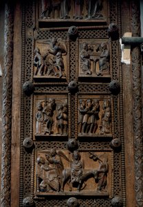 Romansk konst: trädörr från mitten av 1100-talet av kyrkan St. Mary of the Capitol i Köln, Tyskland (Sankt Maria im Kapitol, Köln). Scener som skildrar tillkännagivandet till herdarna, födelsen, tillbedjan av magiker och av Romanesque