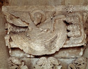 Magerna sover med en ängel som väcker dem och pekar mot Betlehems stjärna (utskuren huvudstad) av Romanesque