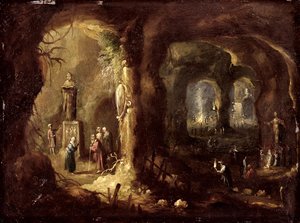 Grotta med statyer och många figurer som dyrkar avgudar (S:t Simeon Stylites), ca 1640 (olja på koppar) av Rombout van Troyen