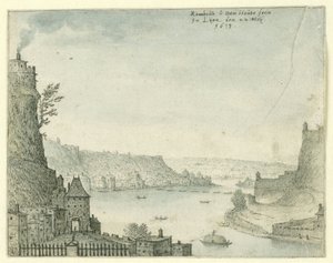 Utsikt över en stad vid en flod av Rombout van den Houte
