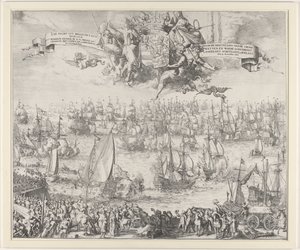 Vilhelm III:s resa till England, 1688 Sea Tour från Hellevoet Sluys av S.K.H. Wilhelm Henrik Av G. Ga. Prins av Orangeie Erfstadh. keps. och Adm. Gen. van The United States / För återställandet av konstitutionerna och sann religion i Engelant Sch av Romeyn de Hooghe (attributed to workshop of)