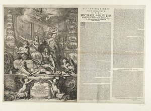 Allegori över Michiel de Ruyters död, 1676 The Life and Business of the Ed: Manhaften Heer, Den Heer Michaël de Ruyter Riddare av St. Michiels orden, etc. Lt. Generaladmiral van Hollandt och West-Vrieslandt (titel på objekt) av Romeyn de Hooghe