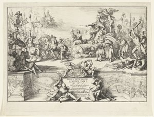 Allegori om Leopold I:s segrar Divo et invictissimo Leopoldo I (titel på objekt) Leopold I:s intåg i Bryssel efter att ha besegrat turkarna, 1686 (serietitel) av Romeyn de Hooghe