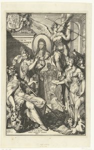 Allegorisk frontispice med porträtt av Vilhelm III Voyage de sa Majeste Britannique en Hollande (titel på objekt) av Romeyn de Hooghe