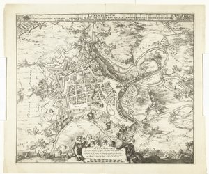 Bombardement av Luxemburg genom de maarschalk de Créquy, 1684 Luxemburg, leda. efternamn metropol en chimacensprins stren def. reg. Men Galliens armar ockuperade honom. 4 juni Ao. 8834 (titel på objekt) av Romeyn de Hooghe
