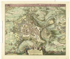 Bombardement av Luxemburg genom de maarschalk de Créquy, 1684 Luxemburg, leda. efternamn metropol en chimacensprins stren def. Reg. Men Galliens armar ockuperade honom. 4 juni Ao. 8834 (titel på objekt) av Romeyn de Hooghe