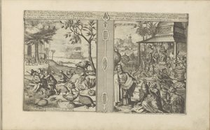 Bomen, dieren en noten; Verering van godsbilden Mangas Nooten / Träd, Djur, etc. of India // Tyden, Afgoden / Idoler, matematiker, filosofer etc. of India (titel på objekt) Öst- och Västindien och andra platser (serietitel) av Romeyn de Hooghe