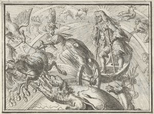 Karikatyr av Ludvig XIV som Apollo i sin vagn, 1701